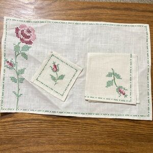 Like New Vintage Cross Stitch Rose Linen Placemats and 2 Sizes of Napkins